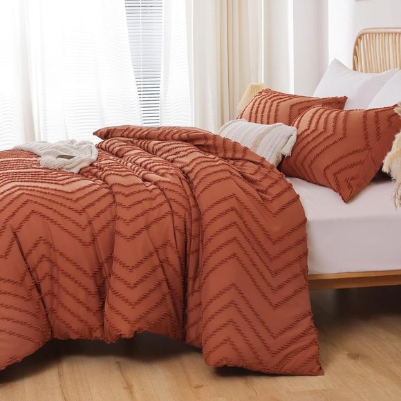 Chevron Texture Pumpkin Terra Cotta Full Size Bed Comforter Set Bedding Orange - Picture 4 of 11